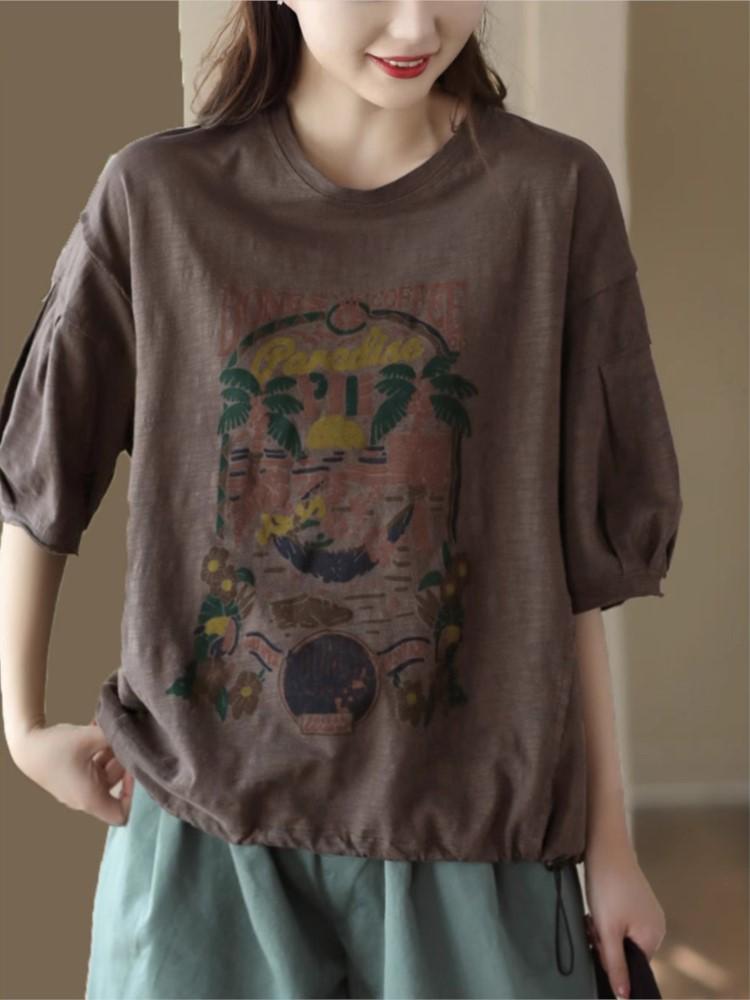 Johnature Women Vintage Print Floral T-Shirts O-Neck Short Sleeve Tees Summer Cotton Loose Women Casual Soft T-Shirts