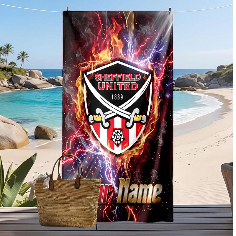 Sheffield United FC Personalized Printed Beach Towel Soccer Logo Support Custom Name Text Absorbent Towel For Sport Travel Special Gift