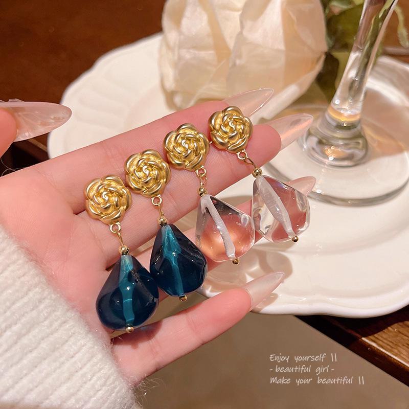 Корейские серьги-слезинки в форме розы: Зеленый кристалл во французском ретро-стиле для женщин