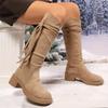 Fashion Women's Shoes 2024 Fashion Lace Up Women's Boots Winter Round Toe Solid High Tube Chunky Heels Ladies Boots Zapatos De Mujer