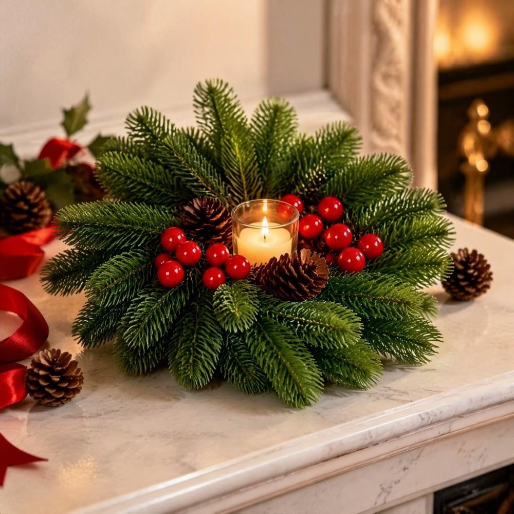 Pine Needle Christmas Wreath Candlestick Pinecone Red Berry Candle Wreaths Photography Props