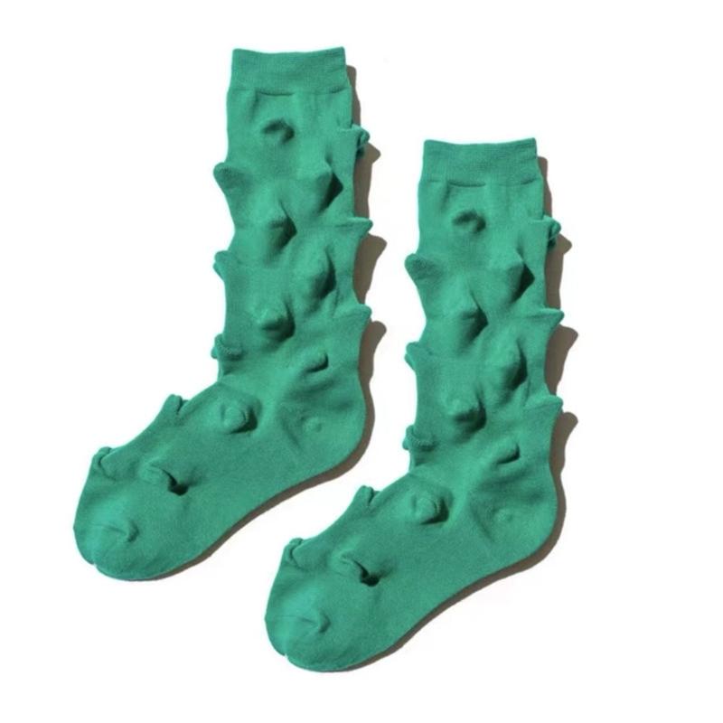 Womens Harajuku Cotton Crew Socks 3D Raised Point Cute Hedgehog Thorns Solid Color Skateboard Middle Tube Calf Socks