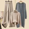 Autumn Winter Warm Knitwear Sets for Women Outfits Ladies Elegant Turtleneck Sweater+long Cardigan Jacket+wide Leg Pant Set