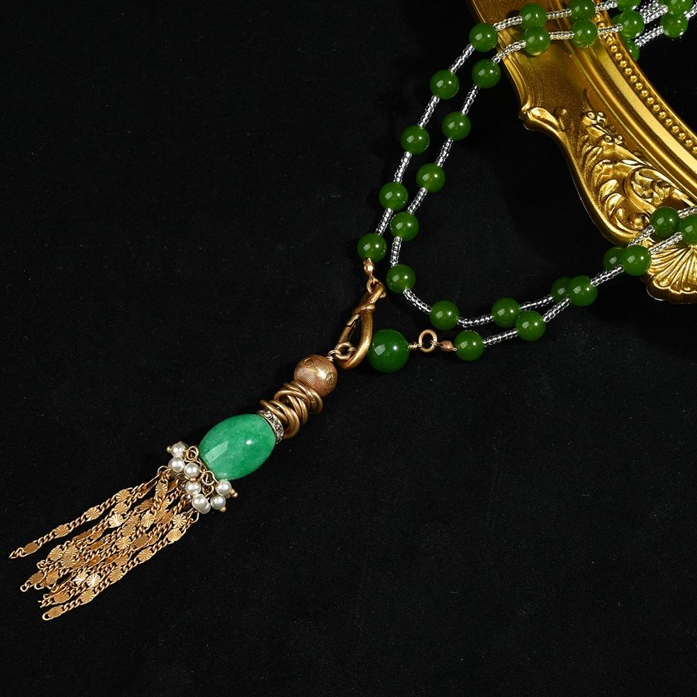 Emerald Long Chalcedony Jade Necklace, Chinese Beaded Tassel Sweater Chain, Crossbody , Womens Ethnic Style Jewelry