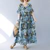 Женское платье больших размеров, новинка 2024 года, летнее стильное платье, свободное платье с круглым вырезом и цветочным принтом, зеленые льняные базовые платья 1093