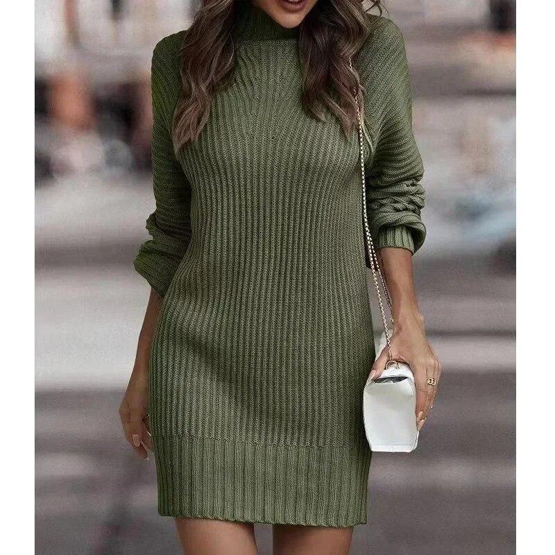 Casual Solid Turtleneck Sweater Dress Winter Knitted Long Sleeve Knitwear Dress Fashion Office-lady Clothing 29885