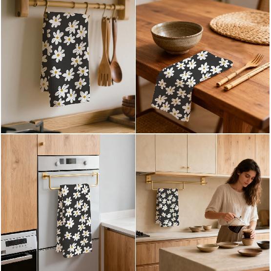 Daisy Waffle Towels, Floral Hand Towel, Floral Black & White Decor for Kitchen Bathroom, Gift for Hostess, Daisy Gift Dish Tea Towels,16x24 Inch.