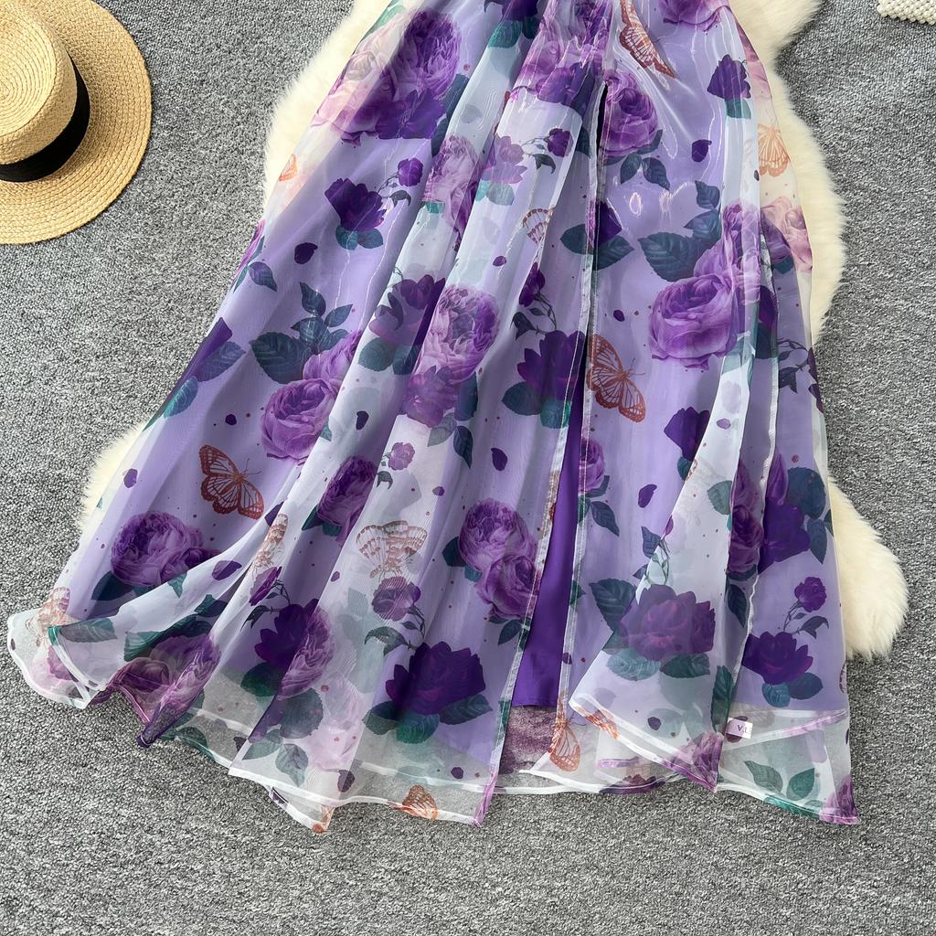 Летнее великолепное платье из органзы с цветочным принтом, женское платье на одно плечо с бантом и цветочным принтом, с высокой талией, в стиле бохо, с длинным разрезом