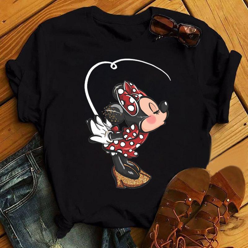 Unisex Mickey and Minnie Print T-shirt Casual Round Neck Short Sleeves T Shirt Summer Casual Clothing Top Black Tee