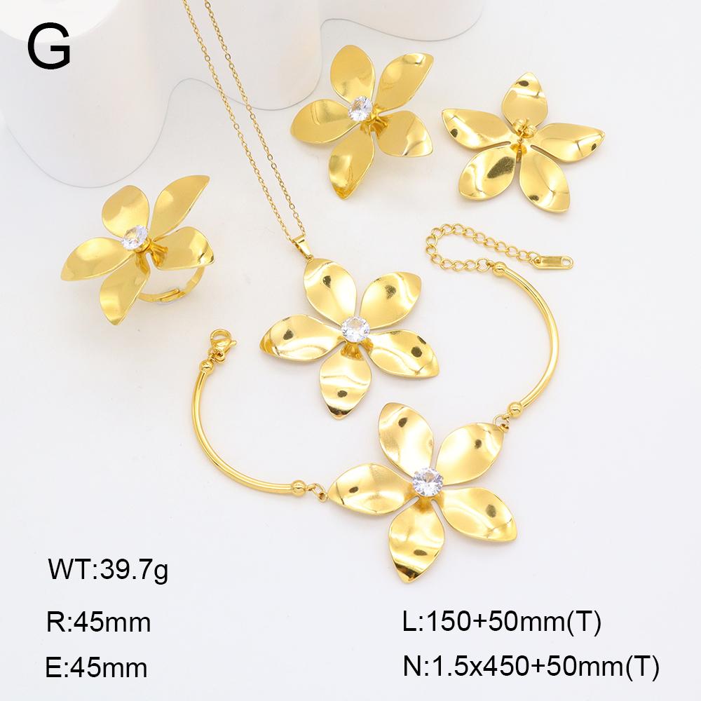 Stainless Steel Gold Flower Set Women 4pcs Necklace Earrings Bracelet Ring Cubic Zirconia Luxury Wedding Party Anniversary Gift