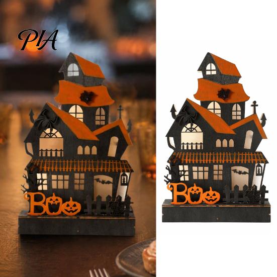 Decorative Wooden Halloween Signs Glowing Haunted House Figurine with LED Light, Tabletop Centerpiece Night Light Ornaments for Home Party And Window