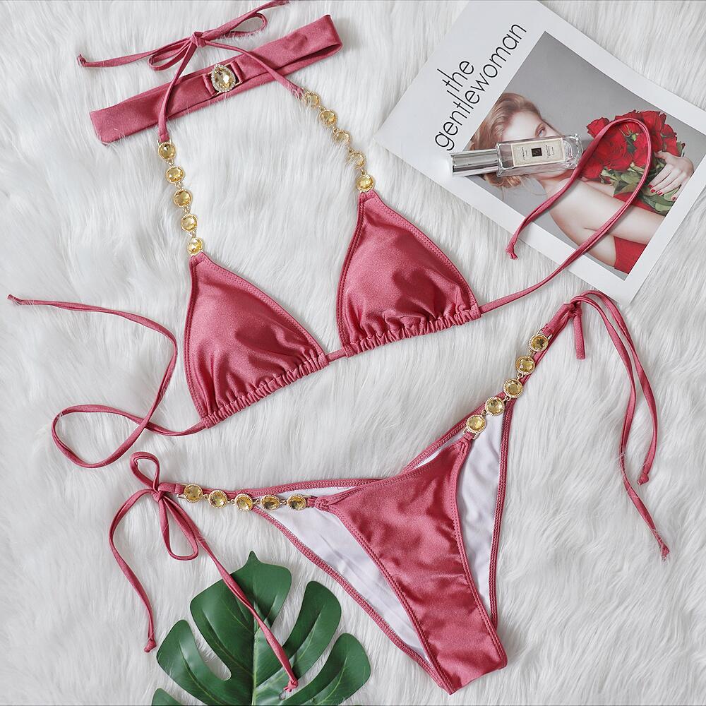 Сексуальное бикини с лямкой на шее и стразами, женские купальники, женский купальник, комплект бикини из двух частей, купальный костюм, летний купальный костюм