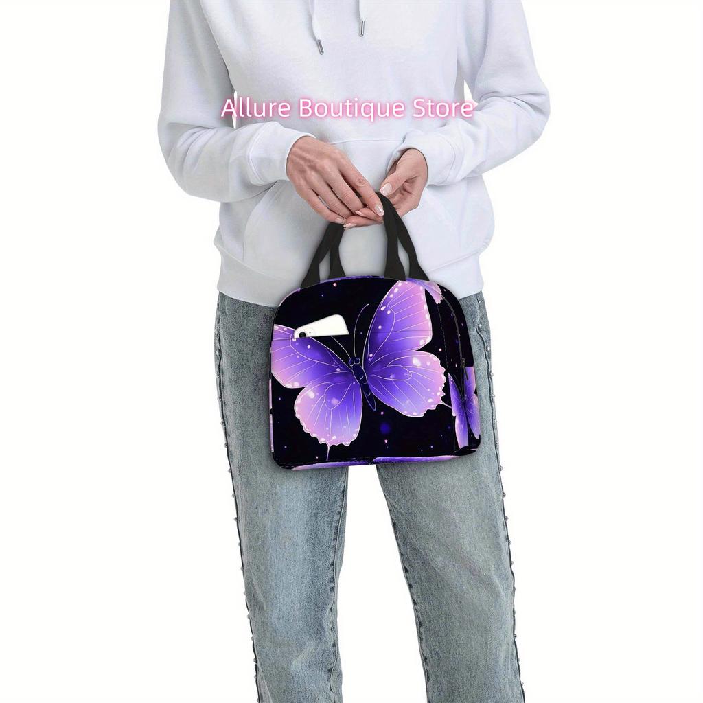 1pc, Purple Butterfly on Dark Background Printed Thermal Bag, Insulation Bag, Insulated Bag, No Food Contact, Suitable for Home,