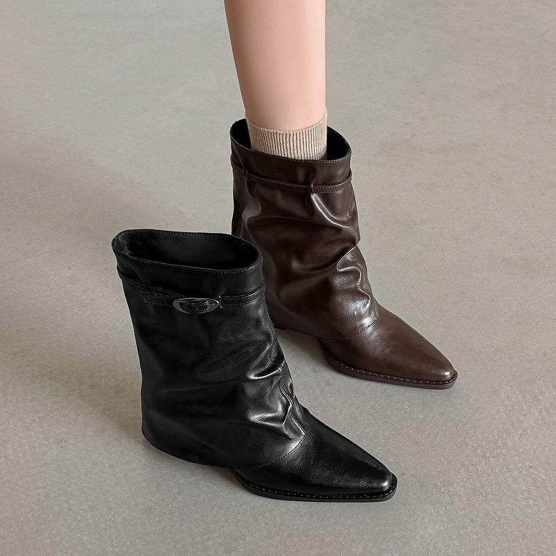 Krazing Pot Коровья кожа Зимние Квадратный носок Размер 42 Квадратный каблук Металлическая пряжка Женские Молния Челси Женские Плиссированная отделка Ботильоны