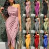 Women's Ruched Bodycon Dress Asymmetrical Sleeveless One Shoulder Wrap Satin Belted Cocktail Midi Dress