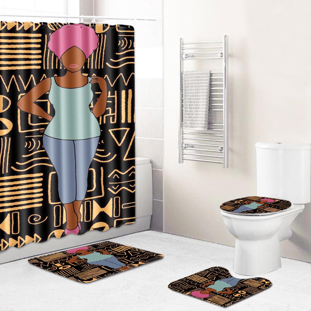 African Woman Digital Printing Creative Shower Curtain Floor Mat Set Bathroom Carpet