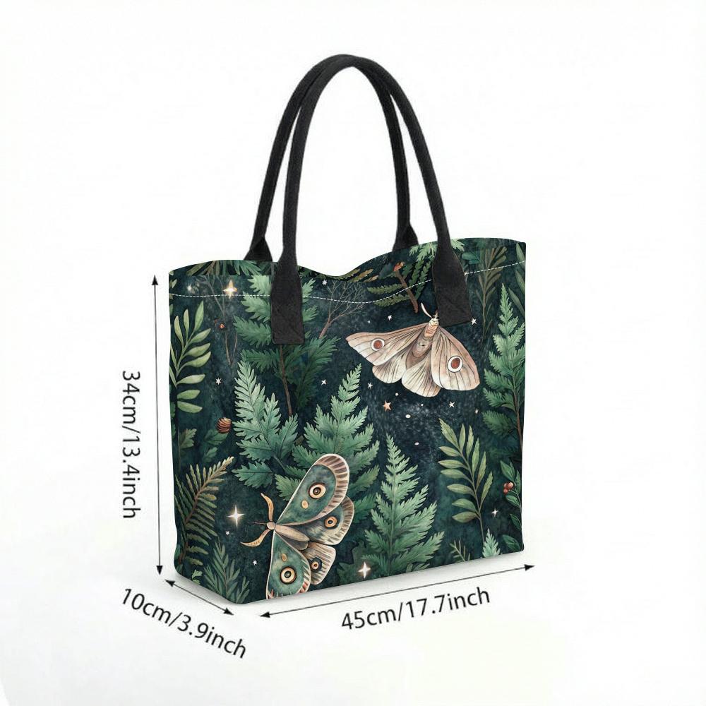 Cute Moth Fern Print Canvas Tote Bag Stylish Casual Daily Handbag for Women Portable Reusable Shopping Shoulder Bag