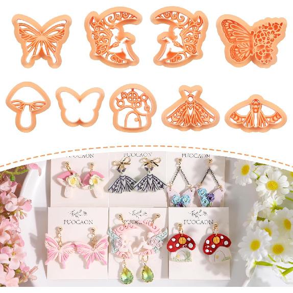 Набор из 9 шт. выемок для полимерной глины Puocaon 'Бабочка' и 'Гриб' в стиле Cottage Core - для сережек из полимерной глины, Сказочная моль в деревенском стиле