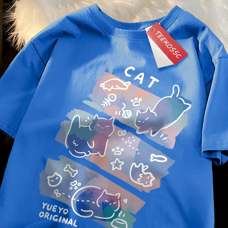 Забавные футболки с принтом озорного кота в японском стиле для мужчин и женщин, модные футболки, дышащие летние футболки, хлопковая свободная футболка, одежда