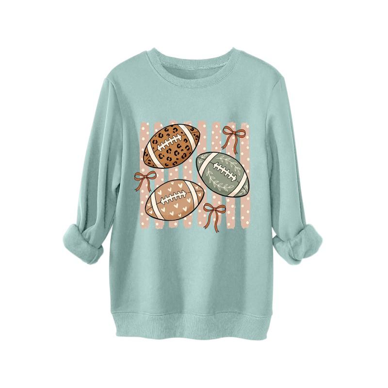 Womens Fleece Hoodie Casual Sports Thick Rugby Bow Print Round Neck Sweatshirt