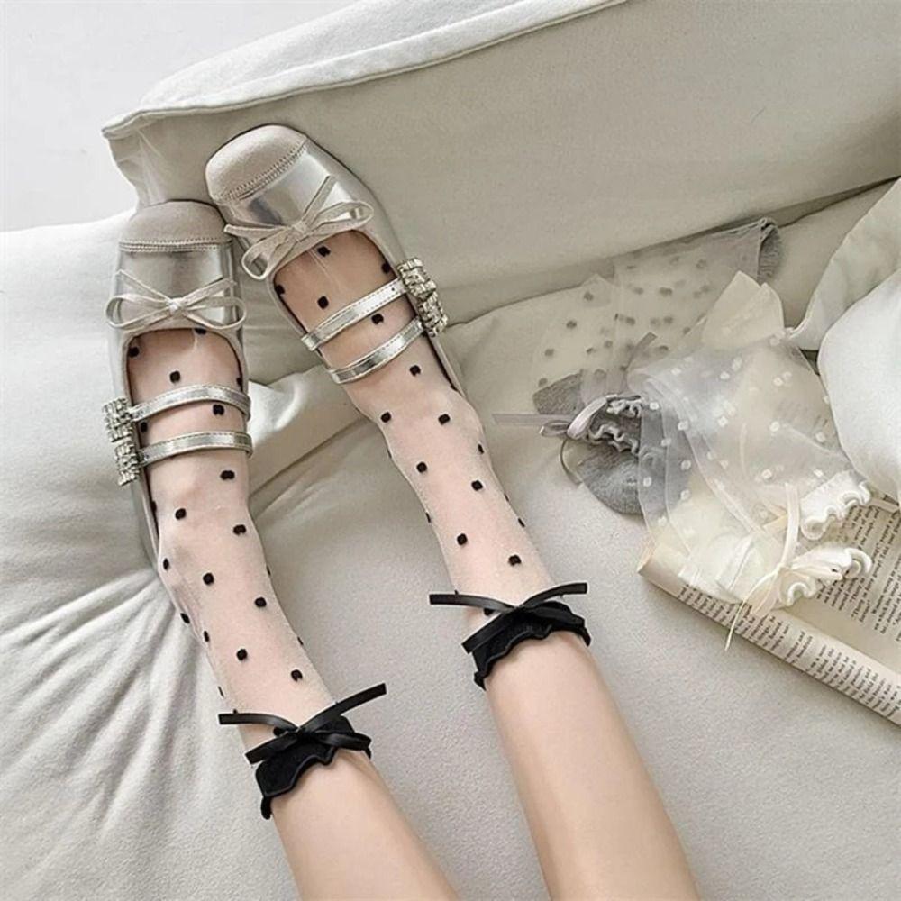 Soft Lolita Socks Crystal Silk Long Socks Comfortable Polka Dot Sock Girls