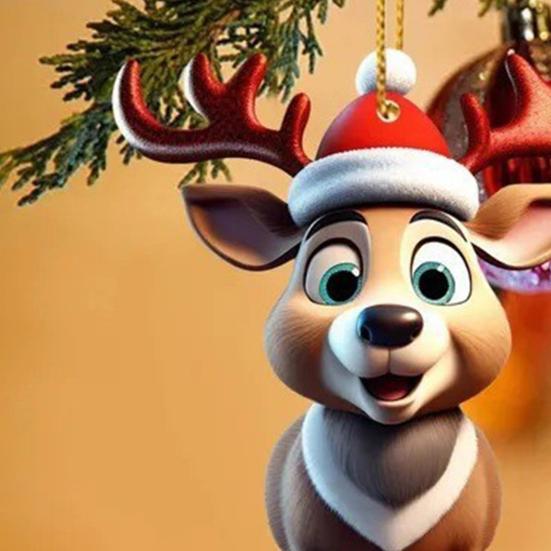 6 шт. Рождественское украшение в виде северного оленя, милый мультяшный лось, акриловое подвесное украшение с шапкой Санты, 2D плоская подвеска в виде животного для интерьера автомобиля, дома, праздника