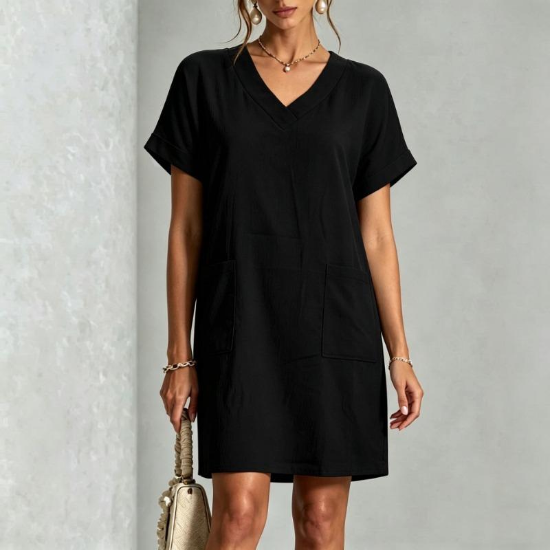 Women S V Neck Short Sleeve Solid Pocket Loose Casual Dress