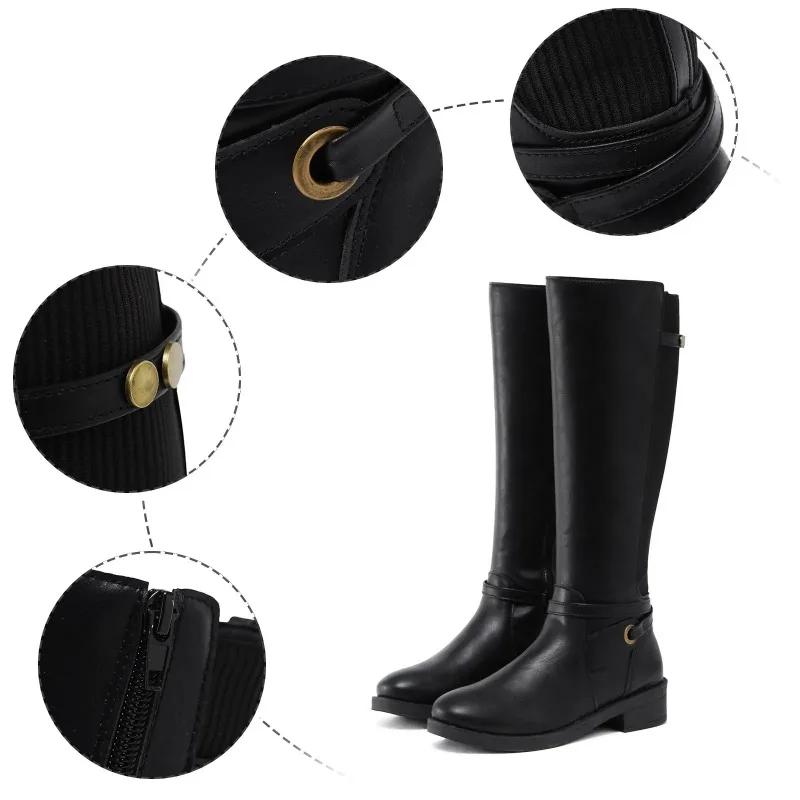 Womens Chunky Heel Leather Boots Long Booties Knee High Boots for Ladies Winter Shoes Slouchy Boots for Women Wide Calf