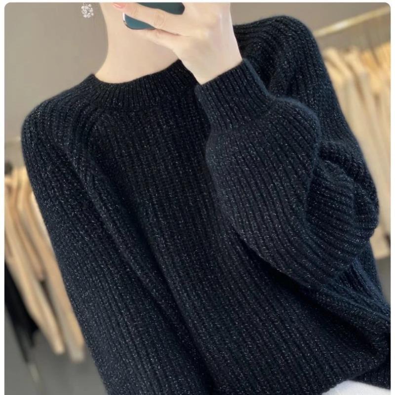 Women S Fall Winter Thick Knit Loose Fit Round Neck Starry Shimmer Sweater
