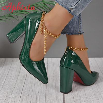 Aphixta Горячая Распродажа Сексуальные Туфли-лодочки на Супер Высоком Каблуке 10 см, Квадратный Каблук, Женские, Золотая Металлическая Цепочка, Ремешок на Щиколотке, Острый Носок, Большой Размер 50 53