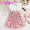 Girls Dress Children's Clothing 2025 Summer New Style Flying Sleeve Color-blocking Temperament Pleated Skirt