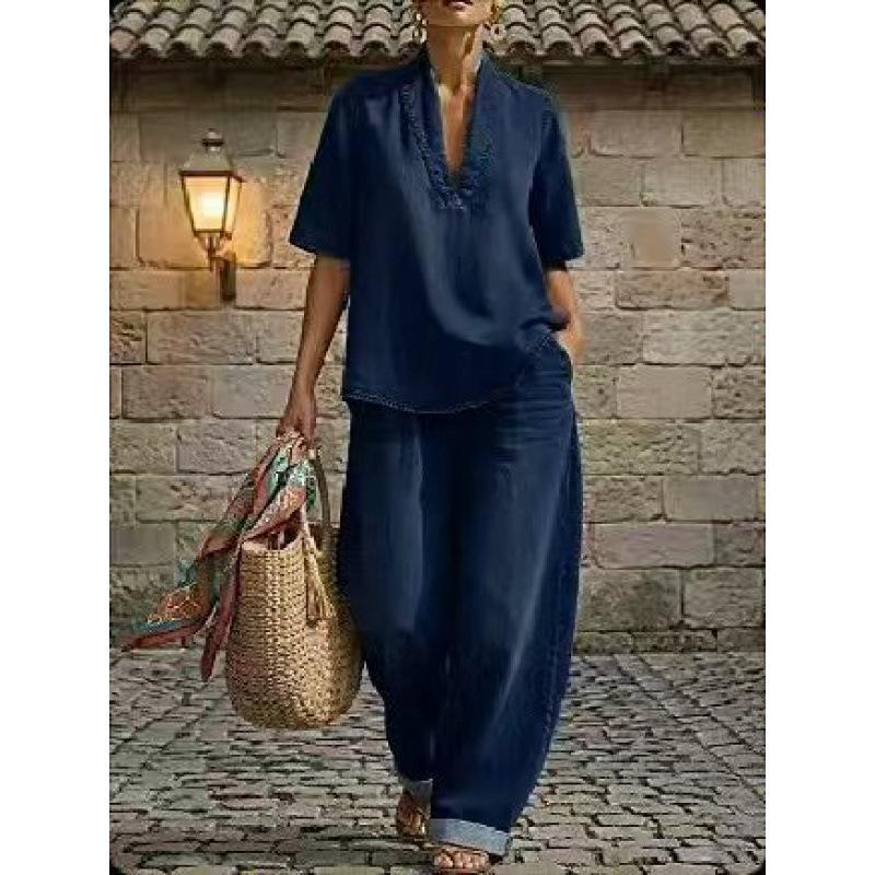 European and American summer new women's digital printing loose casual solid color comfortable minimalist two-piece set