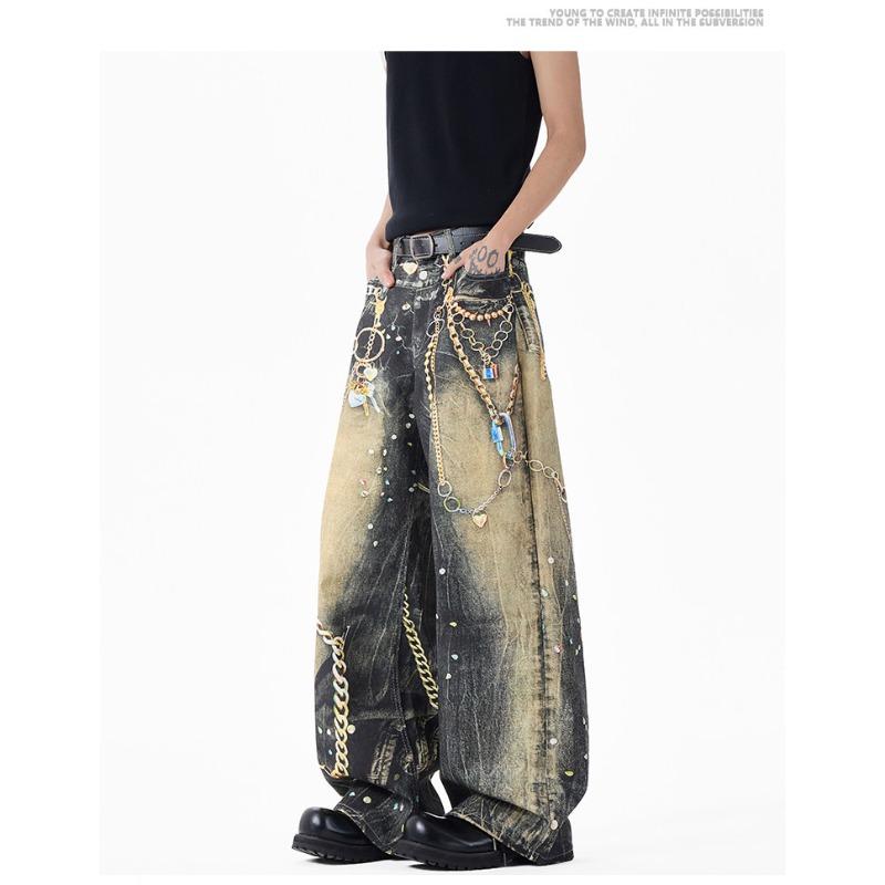 Fashion New American High Street 3D Chain Printed Jeans Men's Retro Washed Loose Candy Pants