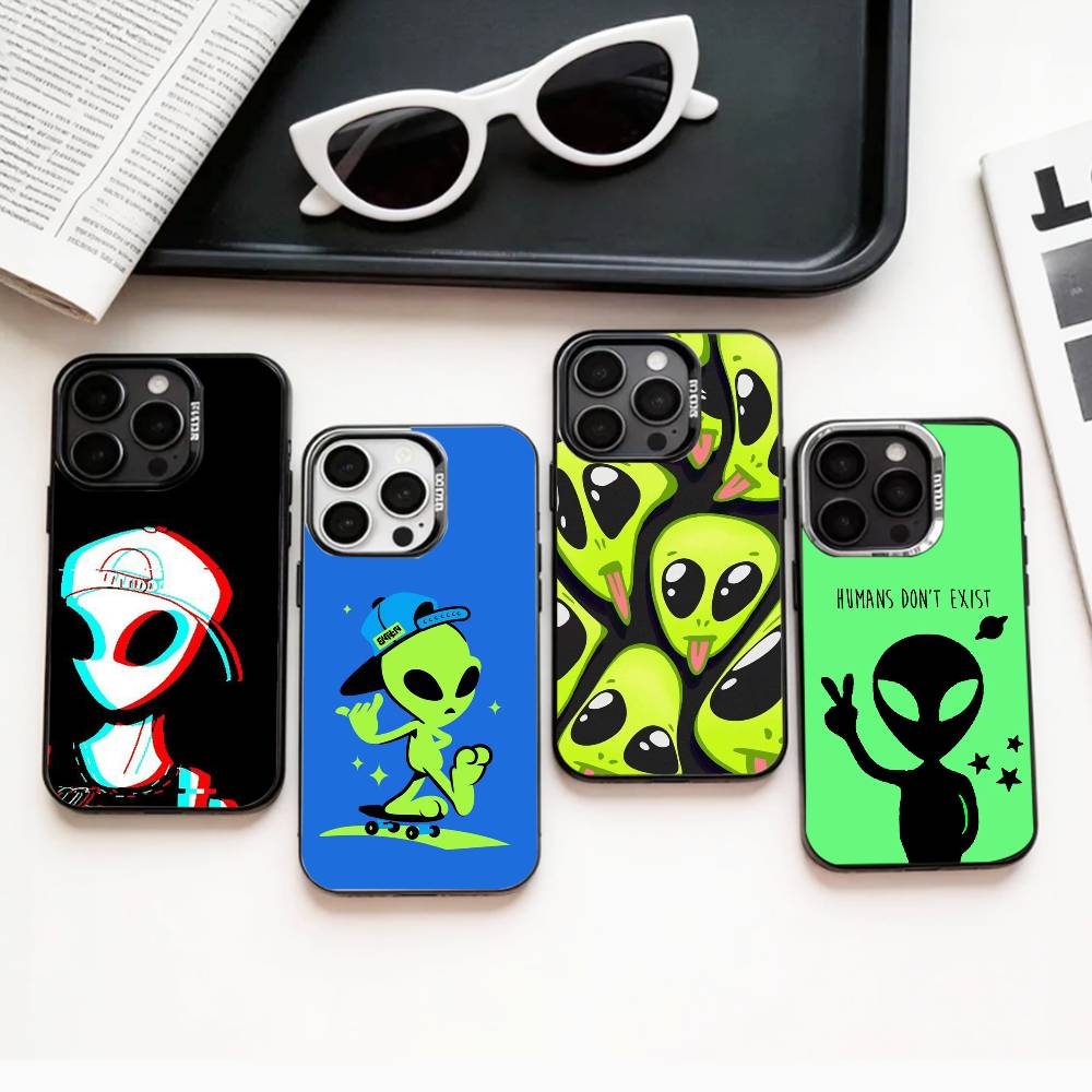 Cool C-Cartoon Alien Space Phone Case For iPhone17,16,15,14,13,12,11 Plus,Pro Max Colored Silver Plated Inside Cover