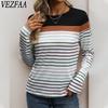 Женская мода повседневная весна осень полосатый принт длинный рукав О-образный вырез блузки и рубашки