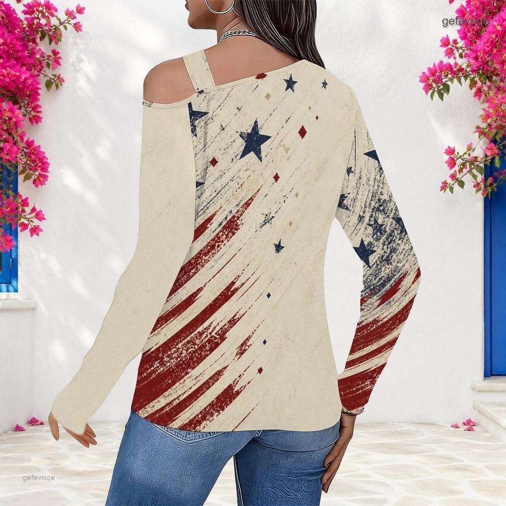 Women Plus Size Beige Red Navy Star Stripe Printed Asymmetric Cutout Cold Shoulder Long Sleeve Fitted Top