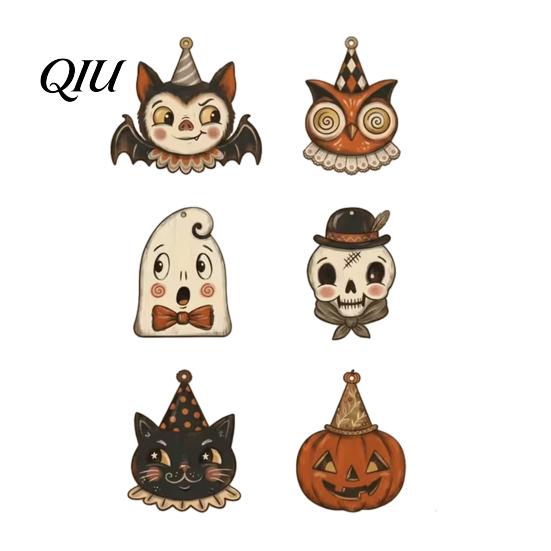 Halloween Wooden Ornaments 6 Pcs Vintage Ornaments, Rustic Farmhouse Cat Owl Pumpkin Hanging Decorations for Party Ghost Tree Home Decor Style