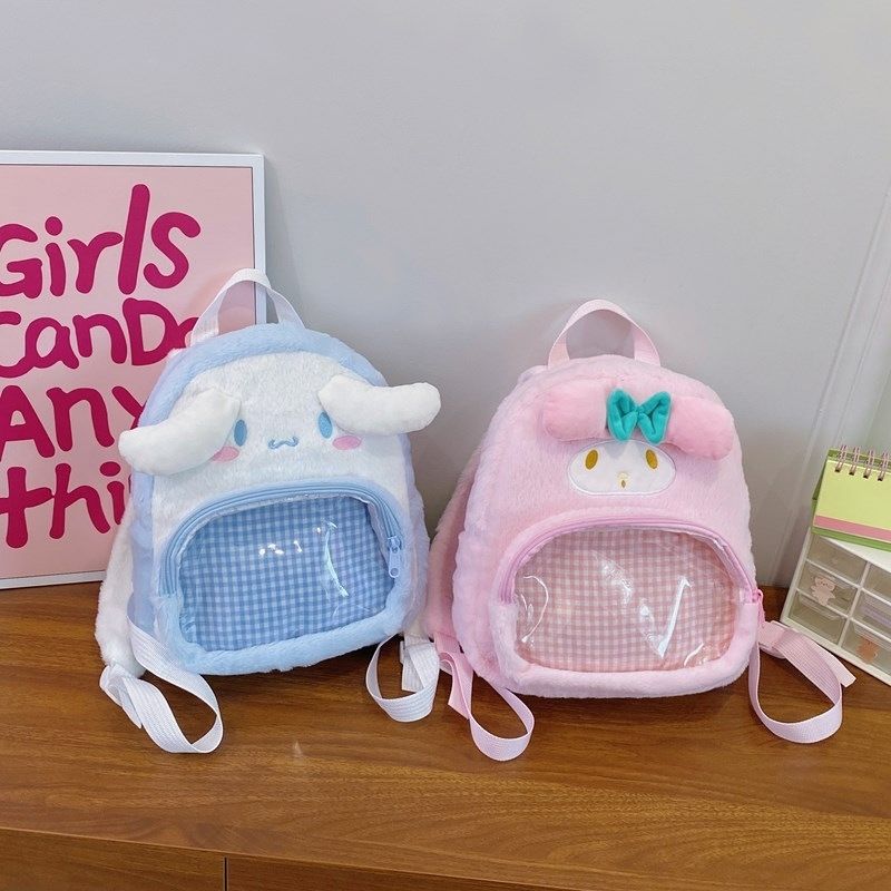 Kawaii Sanrio Fluffy Plush School Backpack Kuromi Hellokitty My Melody Cinnamoroll Bag Lightweight Casual Daypack for Student