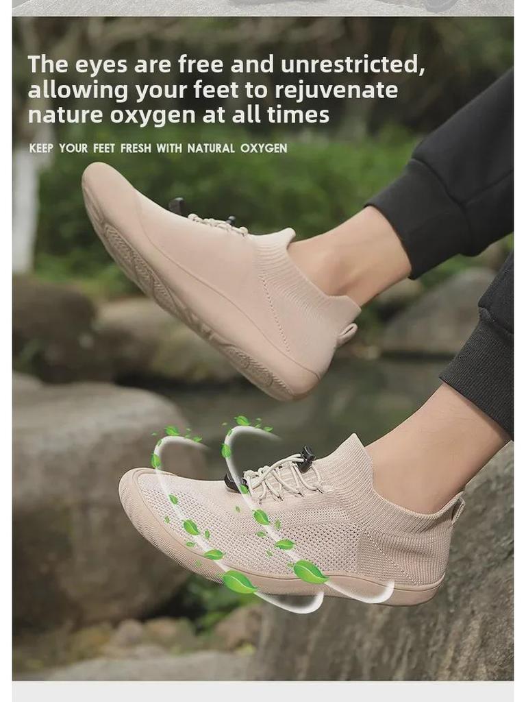 Men's Wide Fit Mid-Tube Breathable Flying Weave Barefoot Shoes with Non-Slip Sole.