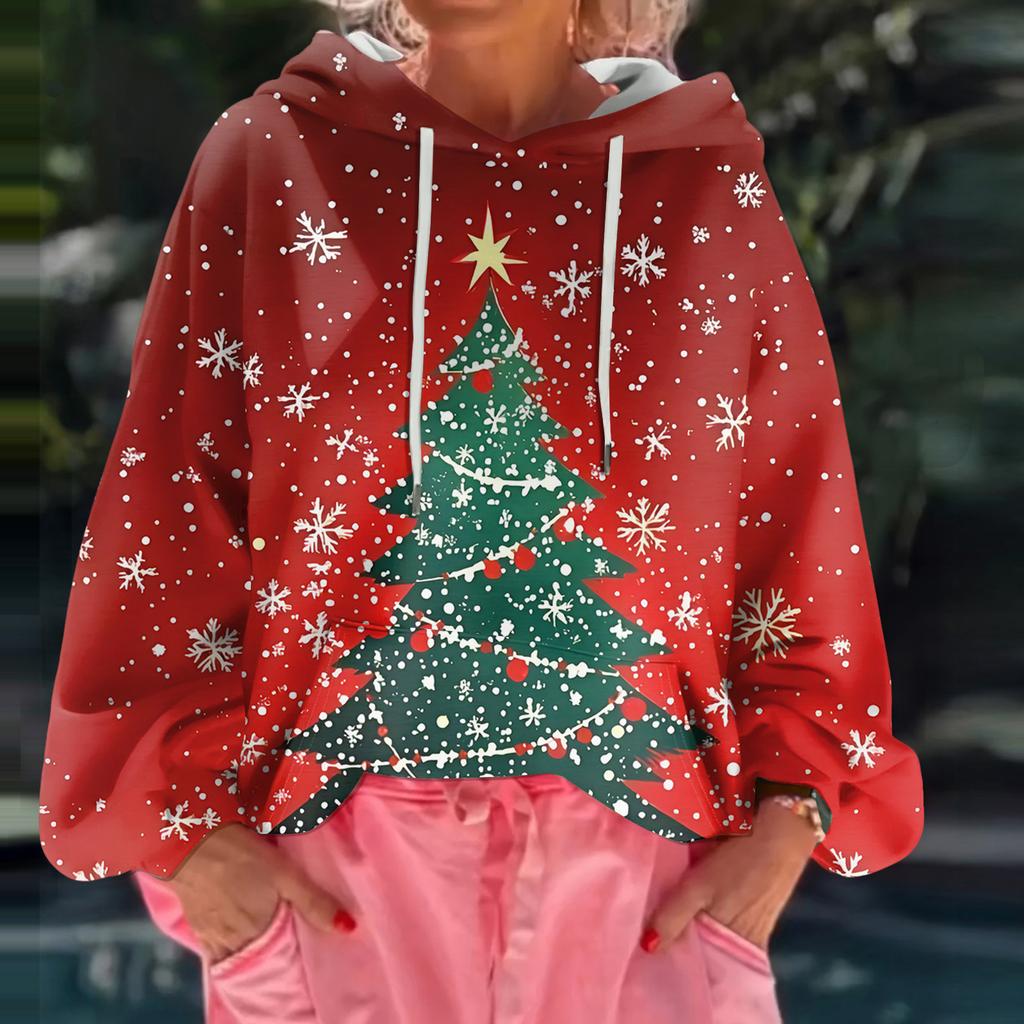 Women's Christmas Printed Loose Casual Long Sleeved Hooded Sweatshirt