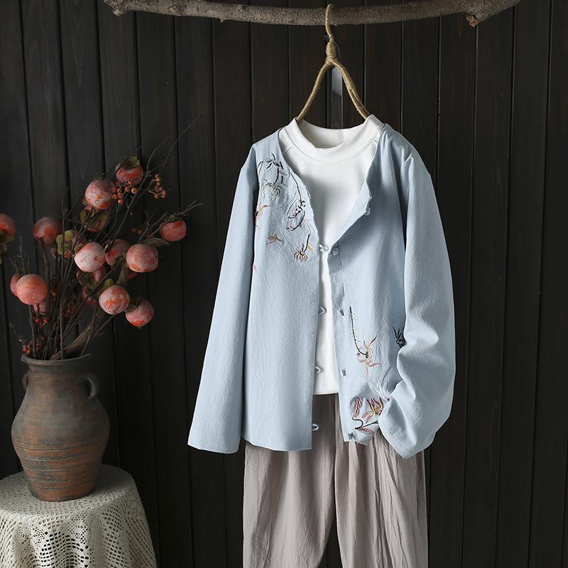 Тонкое пальто с вышивкой в китайском стиле с круглым вырезом, женская рубашка больших размеров с длинными рукавами на весну и осень