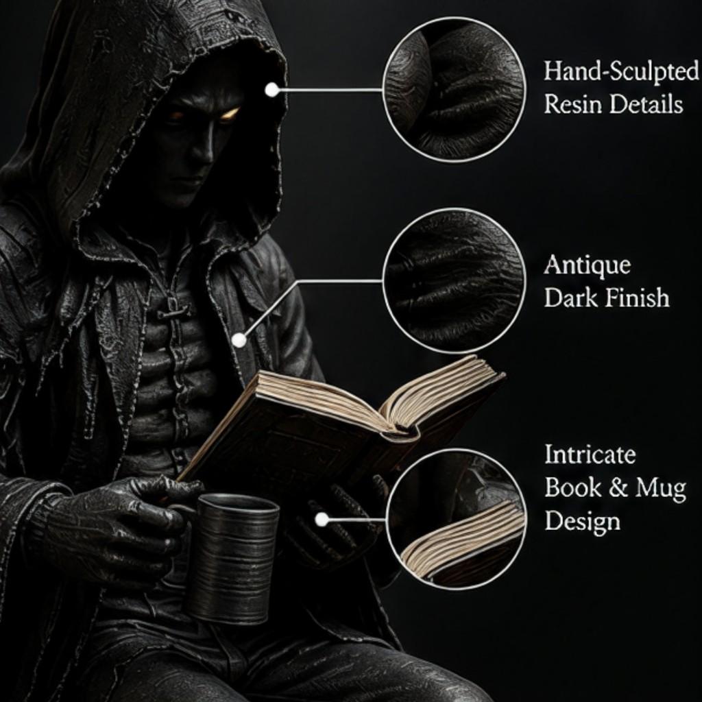 Gothic Statue: Resin Dark Fantasy Hooded Reader Figurine - Mystery Reaper Book Decor for Tabletop Shelf Bookshelf