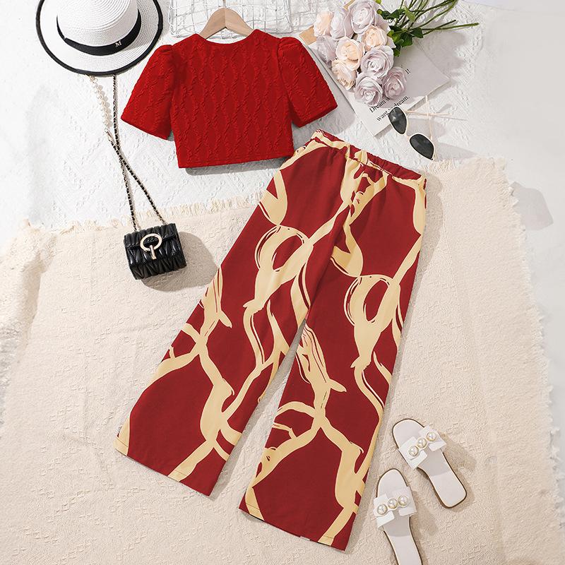 Зеленые повседневные костюмы для девочек, летняя детская одежда, футболка с короткими рукавами + брюки с принтом, комплект из 2 предметов для 8, 9, 10, 11, 12 лет