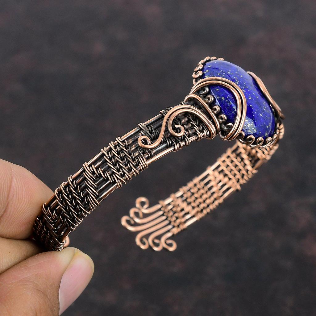 Браслет-манжета из лазурита, медная проволока, браслет с драгоценным камнем, регулируемый браслет ручной работы, медная проволока, ювелирные изделия, подарок на помолвку для нее