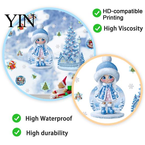 Snow Girl Glass Decals Blue Winter Christmas Static Window Cling, Cute Maiden Xmas Tree Easy Peel Stick Sticker Sticker, PVC Reusable Decal