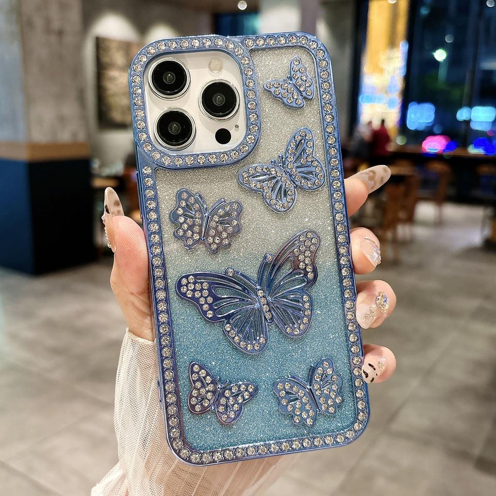 For iPhone 16 Pro Max Case Rhinestone Butterfly Decor TPU Phone Back Cover