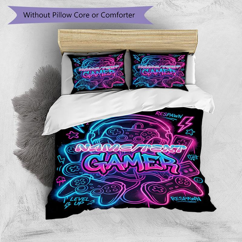 3PC Custom Name Neon Gamer Vibes Bedding Set Printed Bedding Set Duvet Cover Closure Includes 1 Duvet Cover & 50 Pillowcases for Bedroom