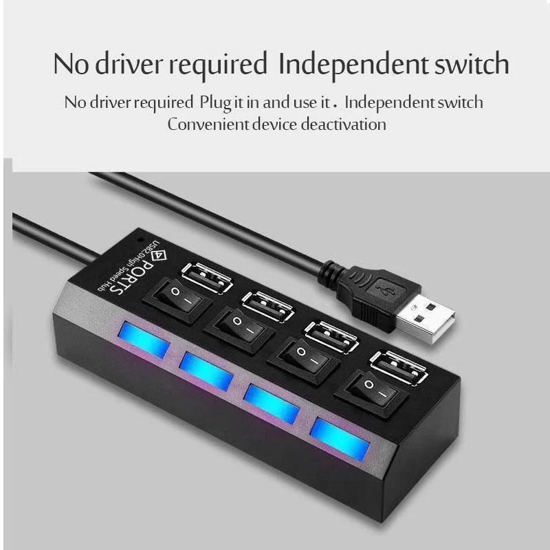 4 Ports USB HUB 2.0 Adapter Expander Multi USB Splitter Multiple Extender with LED Lamp Switch for PC Laptop