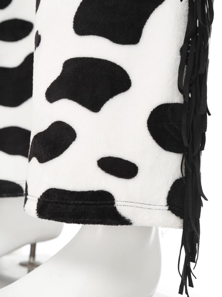 Mens Cowboy Chaps Costume Cow Spot Pattern Flannel Long Pants Side Tassel Adjustable Waist Open Crotch Halloween Outfit