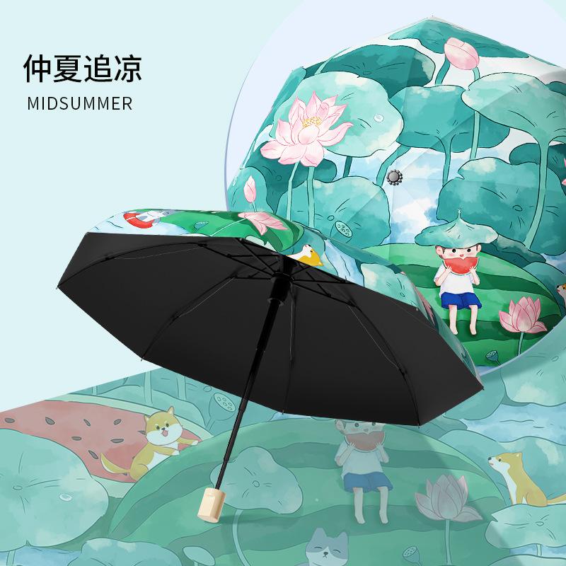 Tri-fold Cute Cartoon Children's Umbrella, Manual Portable Folding Umbrella, Sun Protection, Sun and Rain Umbrella